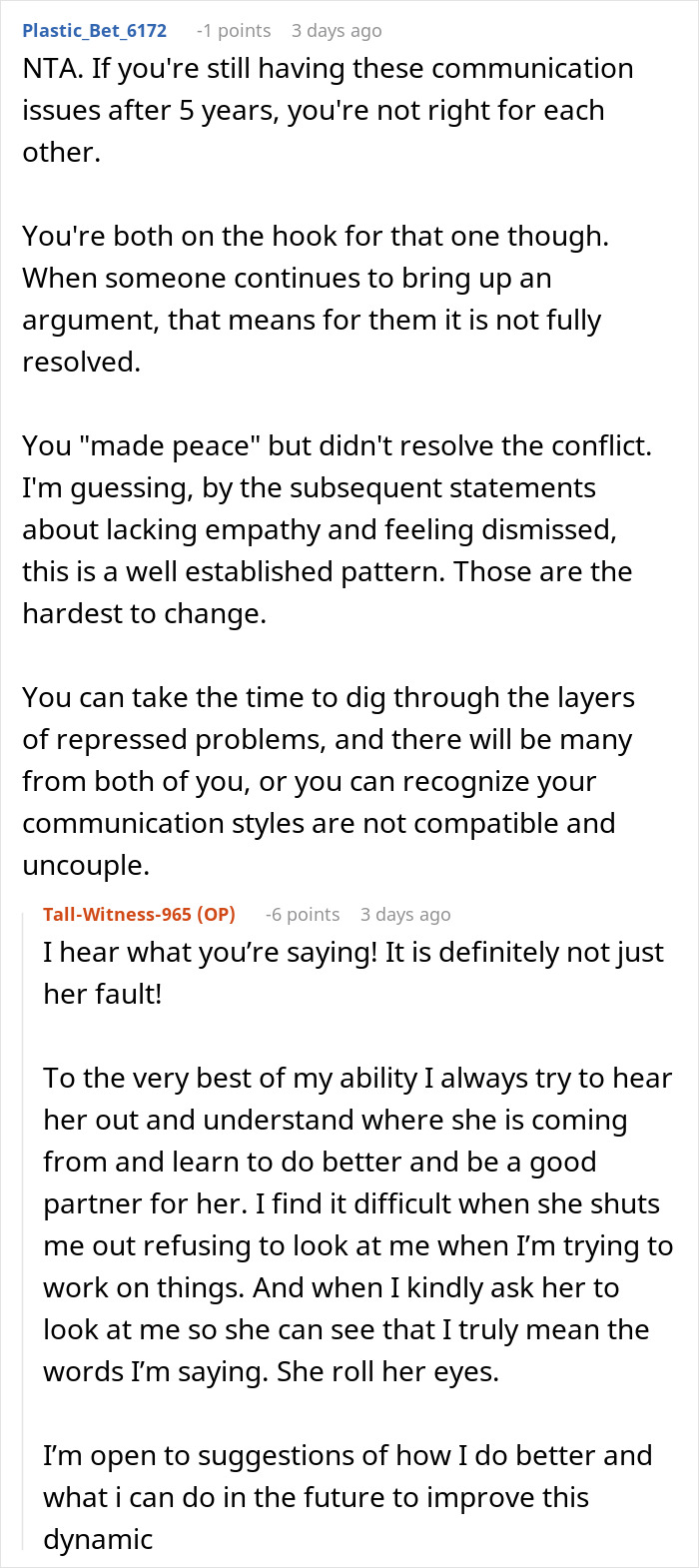 Reddit conversation about relationship doubts and communication issues when man expects special treatment from girlfriend.