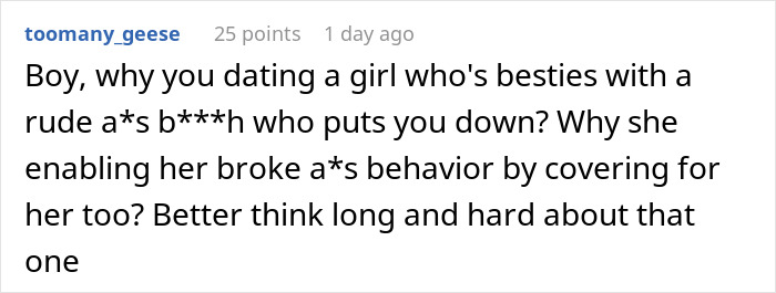 Comment discussing a woman using her friend&rsquo;s boyfriend as an ATM and the boyfriend being tired of getting called broke.