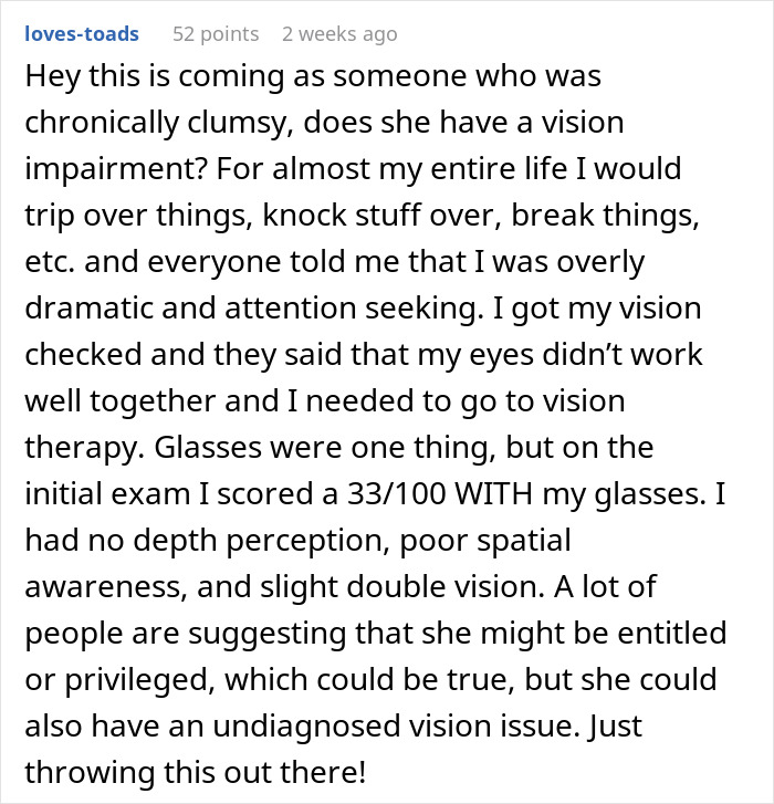 Comment discussing vision issues related to clumsiness, highlighting struggles with depth perception and spatial awareness.