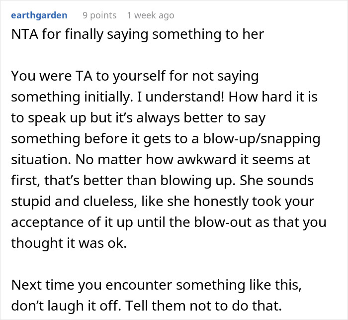 Screenshot of a Reddit comment discussing a woman reaching a boiling point over coworker helping herself to her food.