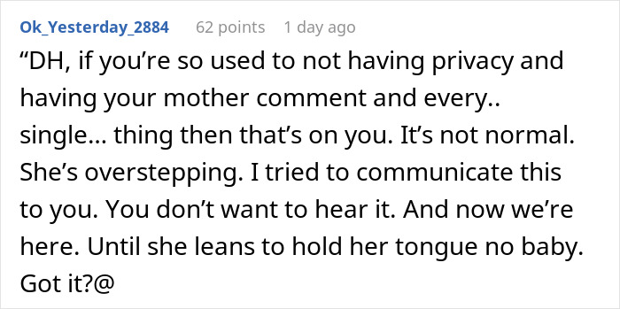 Text post showing a user discussing privacy issues with mother-in-law spying on baby cam and setting boundaries.