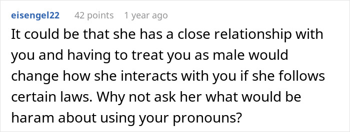 Comment discussing coworker misgenders and the impact of Muslim religion laws on pronoun use in personal interactions.