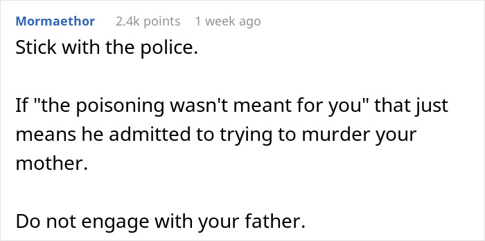 Text comment discussing poisoning suspicion and advice to avoid engaging with father in a family conflict situation.
