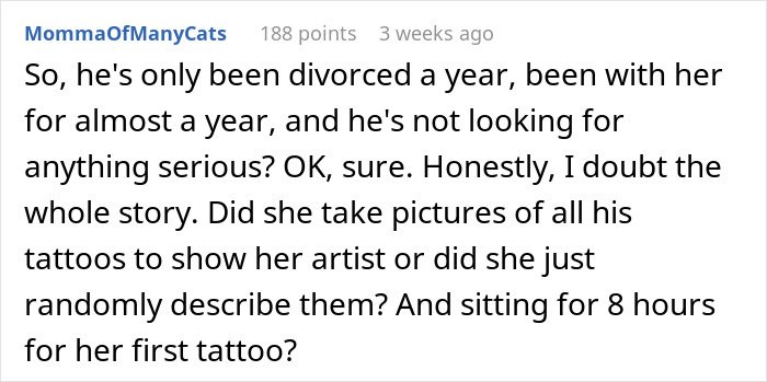 Comment discussing concerns about tattoos, including photo references and spending hours for a first tattoo session.