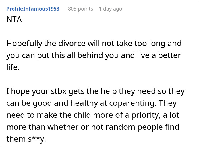 Comment discussing hopes for divorce resolution and co-parenting support amid in-laws' weight-related assumptions