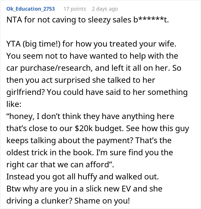 Husband drags wife out of car dealership, not giving her a chance to show him the car she wants.