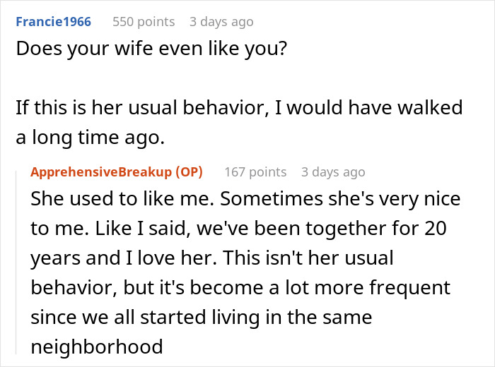 Reddit thread showing a husband discussing his wife's changing behavior and years of resentment on an unwanted trip.