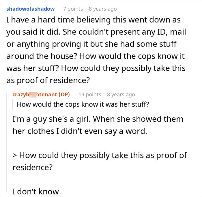 Reddit conversation discussing a friend breaking into a house and planting her stuff to prove residence.