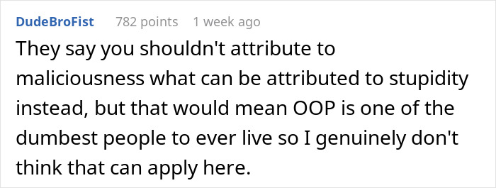 Text post from DudeBroFist with 782 points, discussing misunderstanding and stupidity in an online conversation.