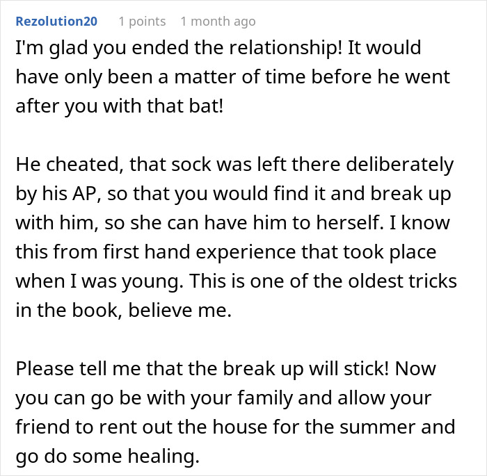Comment discussing relationship betrayal after a woman finds a mysterious sock and her boyfriend&rsquo;s shocking reaction.