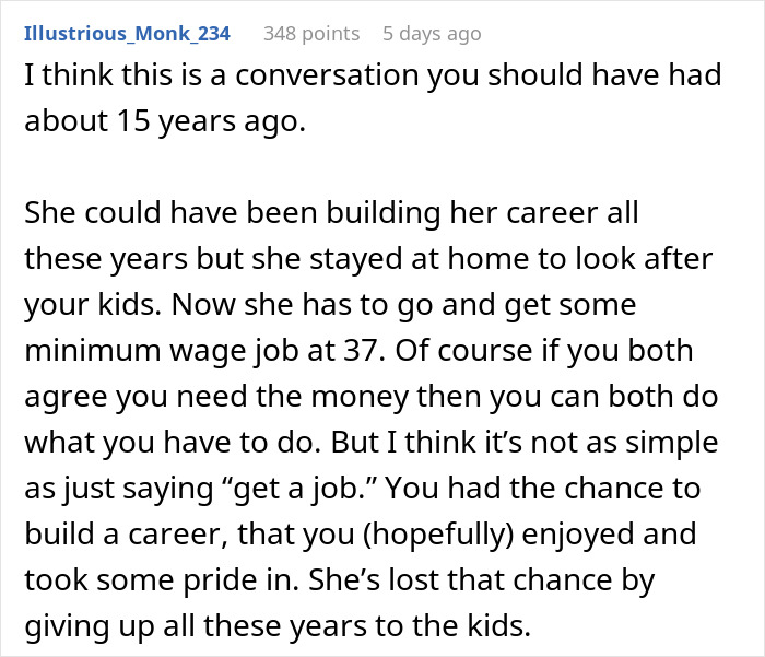Comment discussing challenges a stay-at-home mom faces finding a job after years without a career.