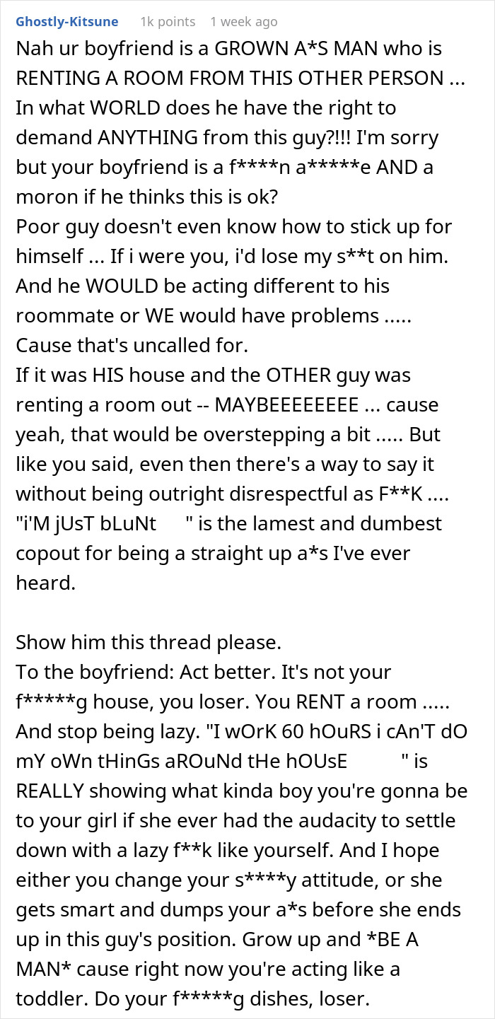 Text comment discussing a boyfriend disrespecting a roommate by ordering chores, showing GF alarm over the situation.
