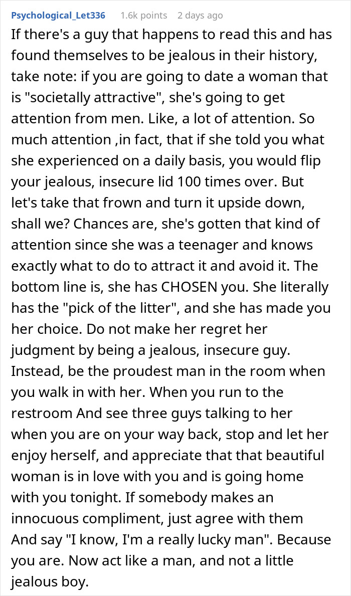 Screenshot of a Reddit post discussing jealousy in relationships and how a jealous boyfriend berates his girlfriend.