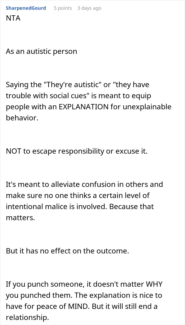 Screenshot of a comment discussing neurodivergent behavior and social cues in the context of a host kicking out a friend's neurodivergent buddy.