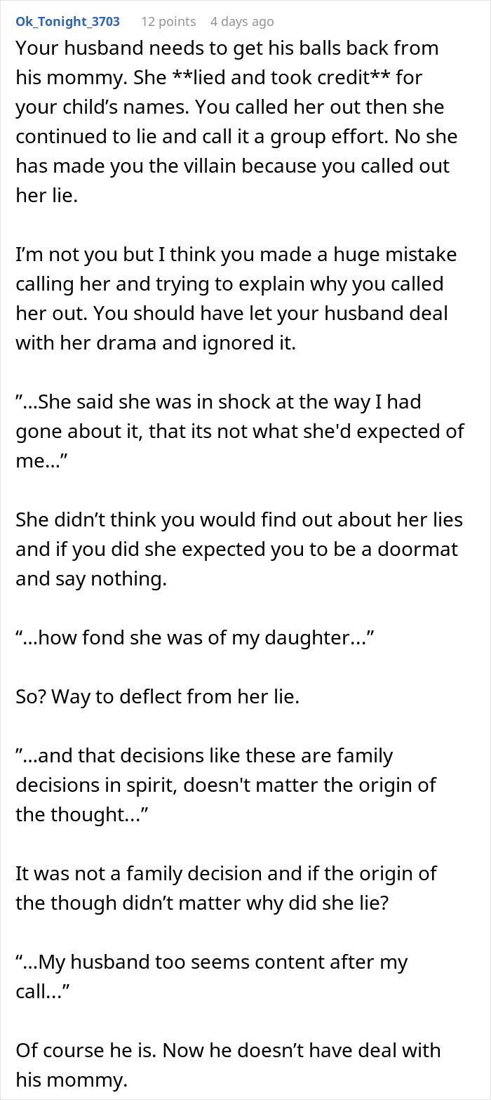 Comment discussing woman correcting mother-in-law who falsely claimed credit for baby&rsquo;s name and family drama involved.