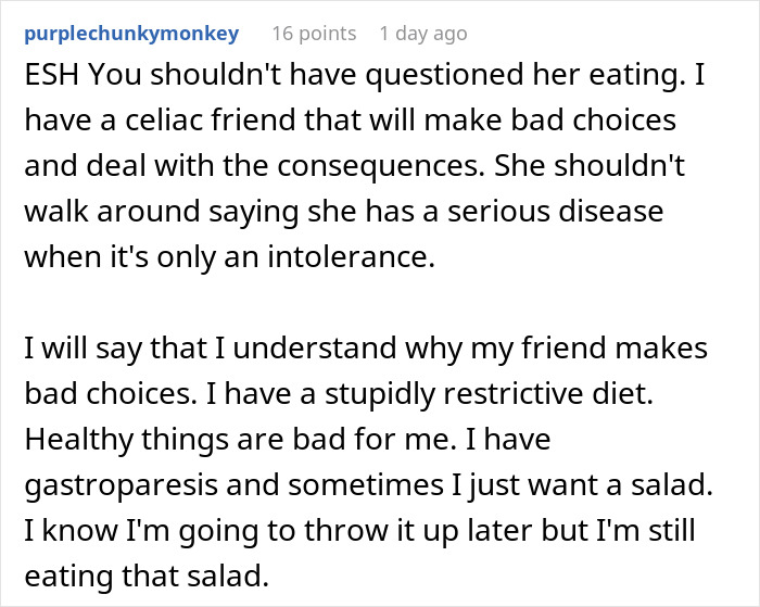 Screenshot of a social media comment discussing a worker calling out a gluten-free colleague at a pizza party. Screenshot of a social media comment discussing a worker calling out a gluten-free colleague at a pizza party.