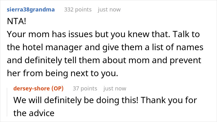 Screenshot of an online conversation discussing a bride’s mom insisting on staying next door to the honeymoon suite. Screenshot of an online conversation discussing a bride’s mom insisting on staying next door to the honeymoon suite.