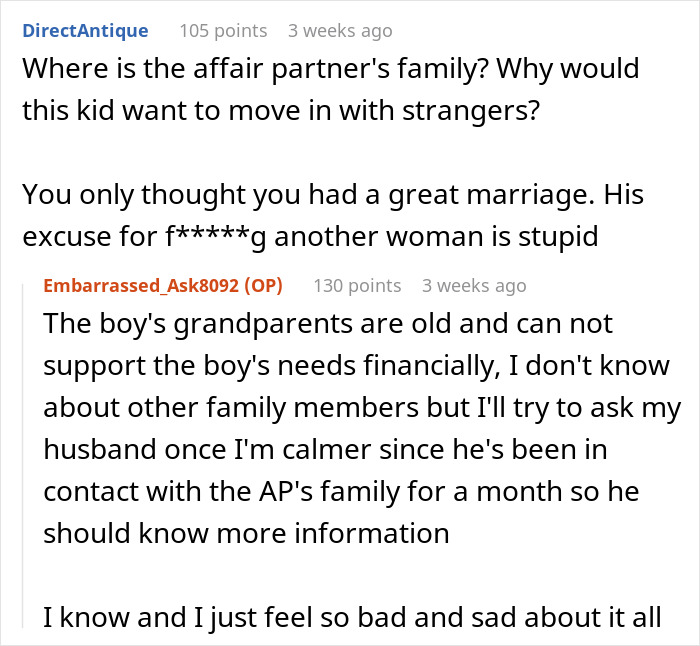 Screen capture of a Reddit conversation discussing a husband hiding an affair and its impact on family dynamics. Screen capture of a Reddit conversation discussing a husband hiding an affair and its impact on family dynamics.