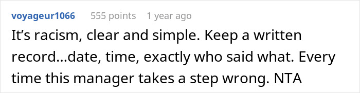 Comment from user voyageur1066 discussing racism and advising to keep a written record to address career challenges for Indian guy.