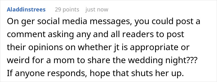 Screenshot of a social media comment discussing awkward wedding night moments involving the bride’s mom staying near the honeymoon suite. Screenshot of a social media comment discussing awkward wedding night moments involving the bride’s mom staying near the honeymoon suite.