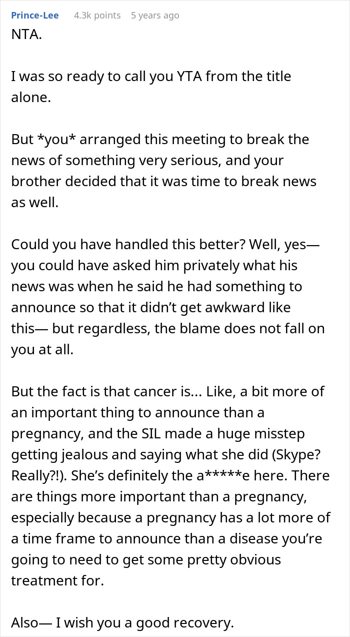 Comment discussing a woman needing support from family after devastating news, facing drama from sister-in-law feeling outshined.