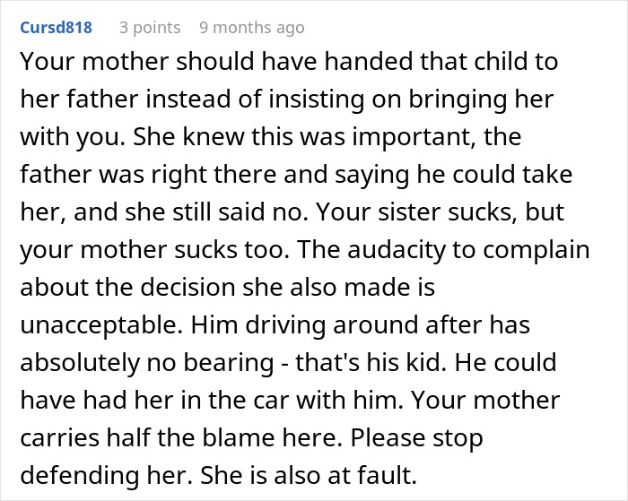Comment discussing a man stuck taking his 2-year-old niece to a doctor appointment after babysitter issues.