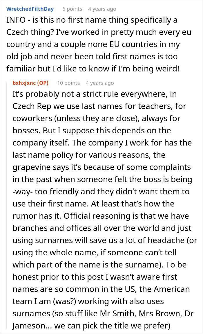 Screenshot of an online discussion about surname use policies and cultural differences in American and Czech workplaces. - 19