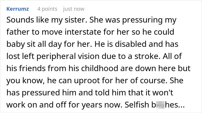 Comment about sibling pressuring disabled father to babysit, showing a reality check on babysitters deserving a living wage.