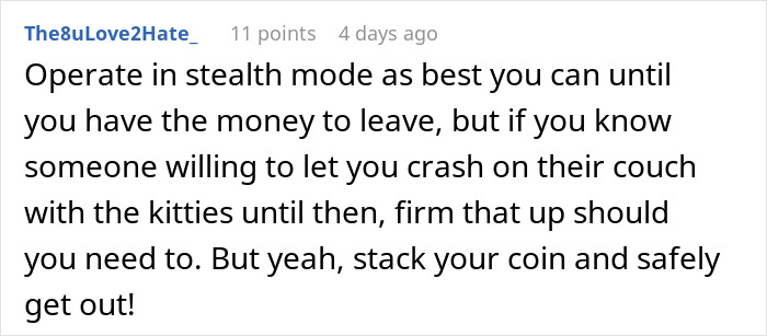 Comment on advice about operating in stealth mode to leave safely, related to woman checking boyfriend&rsquo;s phone after jealous freak-out.