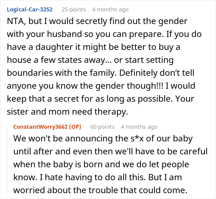 Screenshot of a discussion about a mom of 6 boys wanting to know if her sister is expecting a girl. - 17