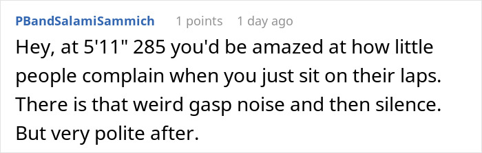 Comment highlighting a humorous reaction to sitting on laps, discussing polite and surprised responses online.