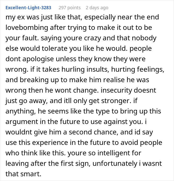 Comment discussing a jealous boyfriend berating girlfriend for kindness to a stranger, leading to breakup and failed apologies.