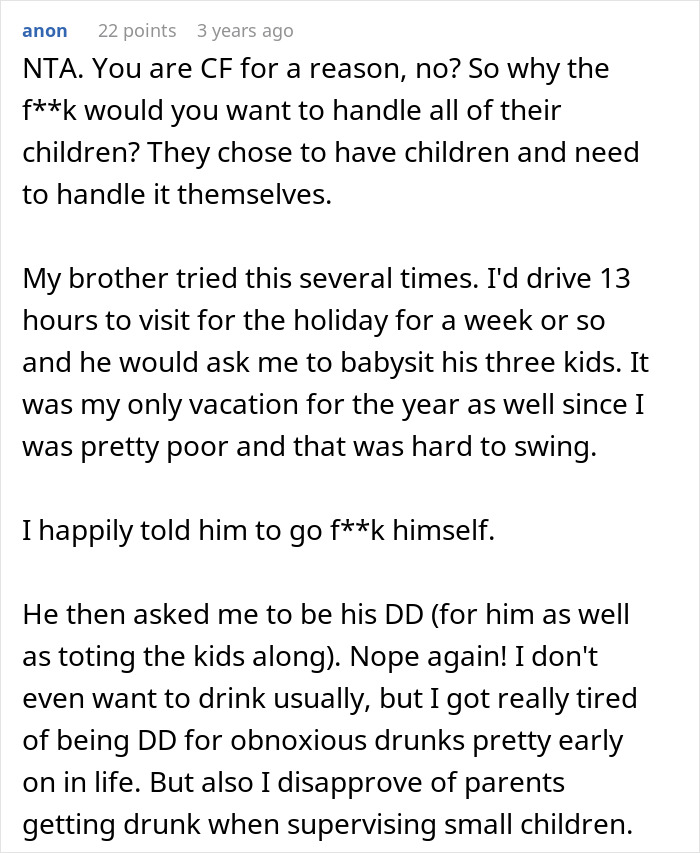 Childfree woman refusing to babysit relatives&rsquo; kids, protecting her vacation from daycare duty and family pressures.