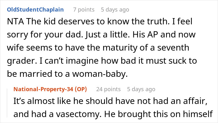 Reddit conversation about woman telling dad&rsquo;s affair baby the real reason grandparents don&rsquo;t see her.