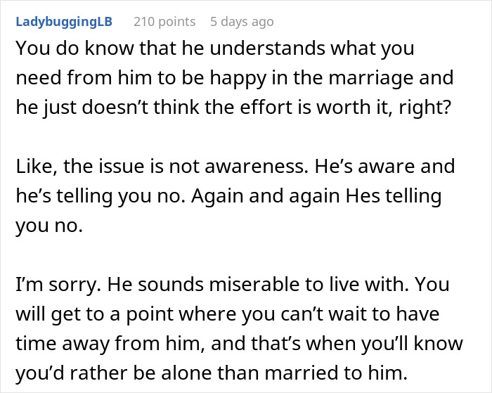 Comment discussing a wife leaving her man-child husband during a family vacation due to lack of effort and awareness.