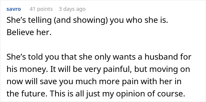 Comment discussing a woman wanting a rich husband over a hardworking partner leading to heartbreak in a dream proposal. Comment discussing a woman wanting a rich husband over a hardworking partner leading to heartbreak in a dream proposal.