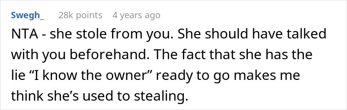 Screenshot of an online comment discussing a thief caught stealing vegetables who claims to know the owner.