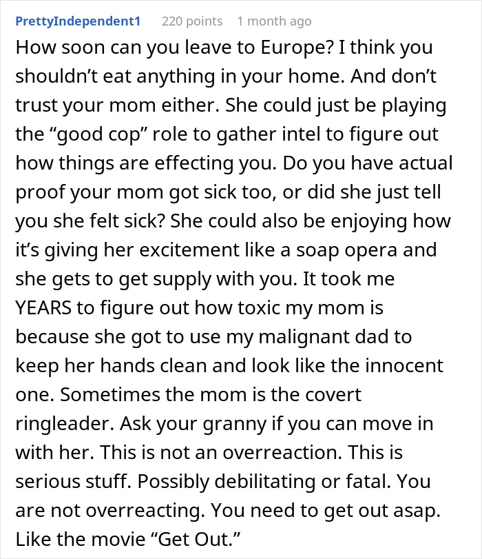 Reddit comment warning about toxic family dynamics causing man to get sick from food his dad has touched.