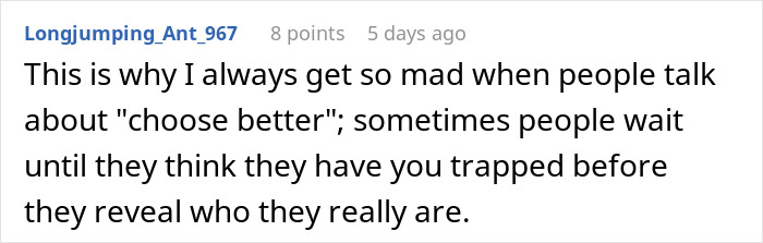 Screenshot of an online comment discussing how a woman says her husband has become a different person since their wedding.