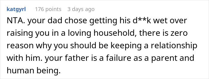 Screenshot of an online comment about a 20-year-old refusing family dinner after rejection by stepsiblings and dad's reaction.