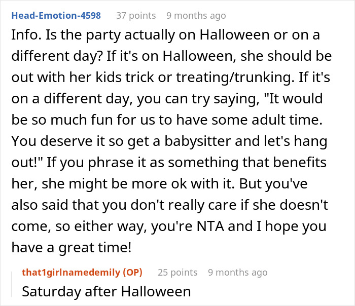 Discussion about Halloween party plans with a mom refusing to get a babysitter for kids at home. - 13