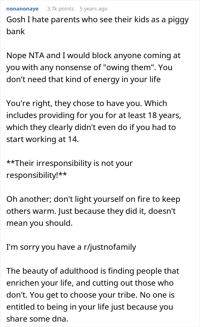Comment about parents treating kids as piggy banks and woman refusing to hand over her entire savings to parents claiming it's rightfully theirs.