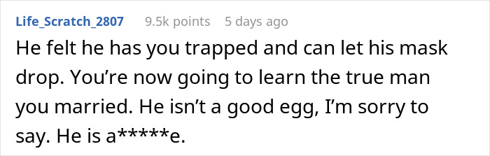 Screenshot of a forum post discussing how a woman&rsquo;s husband has become a different person since their wedding.