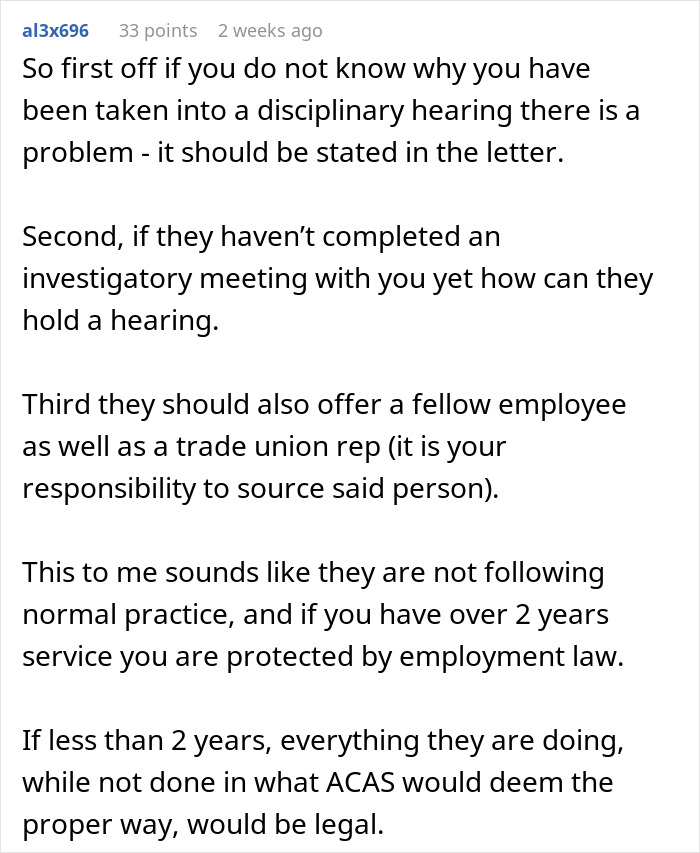 Comment explaining disciplinary hearing process for a worker disciplined over ChatGPT slurs and employment law advice.