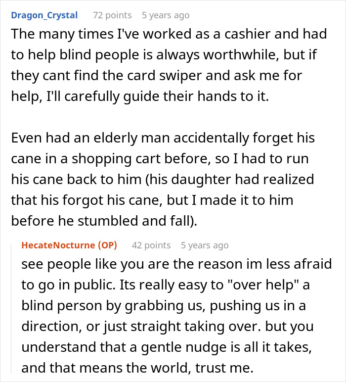 Reddit user shares experiences helping blind people, including returning a forgotten cane to prevent a fall.
