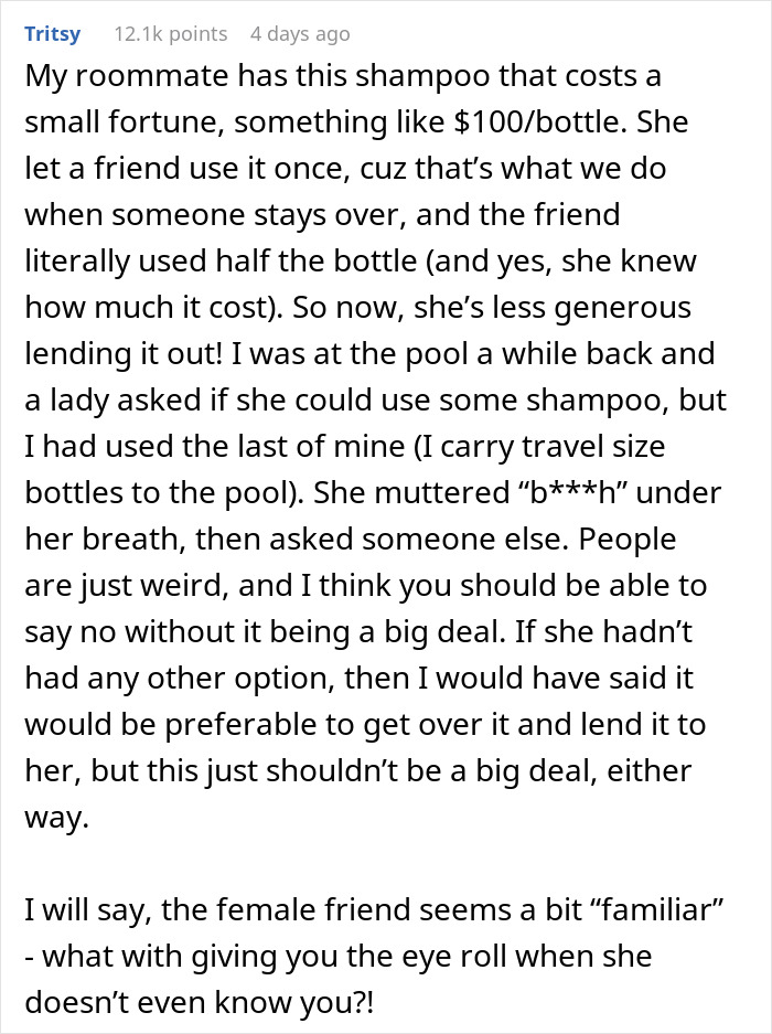 Text post discussing the dilemma of how to refuse a female friend from using expensive shampoo without causing conflict.