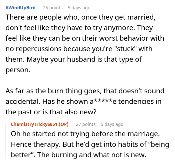 Text conversation discussing a woman saying her husband has become a different person since their wedding.