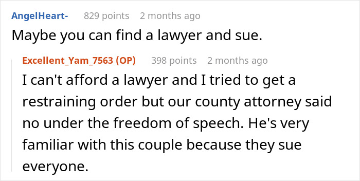 Screenshot of a Reddit comment thread discussing legal options involving influencer neighbors that put a woman in hospital. Screenshot of a Reddit comment thread discussing legal options involving influencer neighbors that put a woman in hospital.