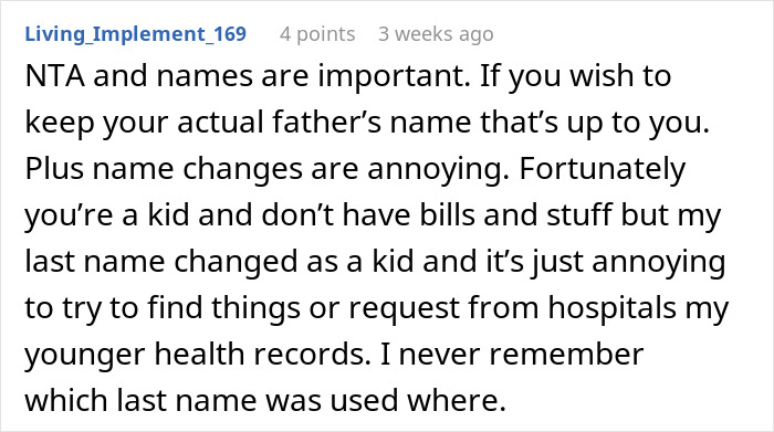 Comment discussing how a teen wants to keep their late father's last name while the mother is upset.