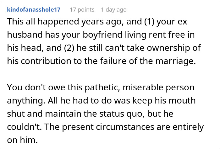 Comment explaining how a dad lies about divorce reasons to win over his son while ex-wife reveals the truth years later.